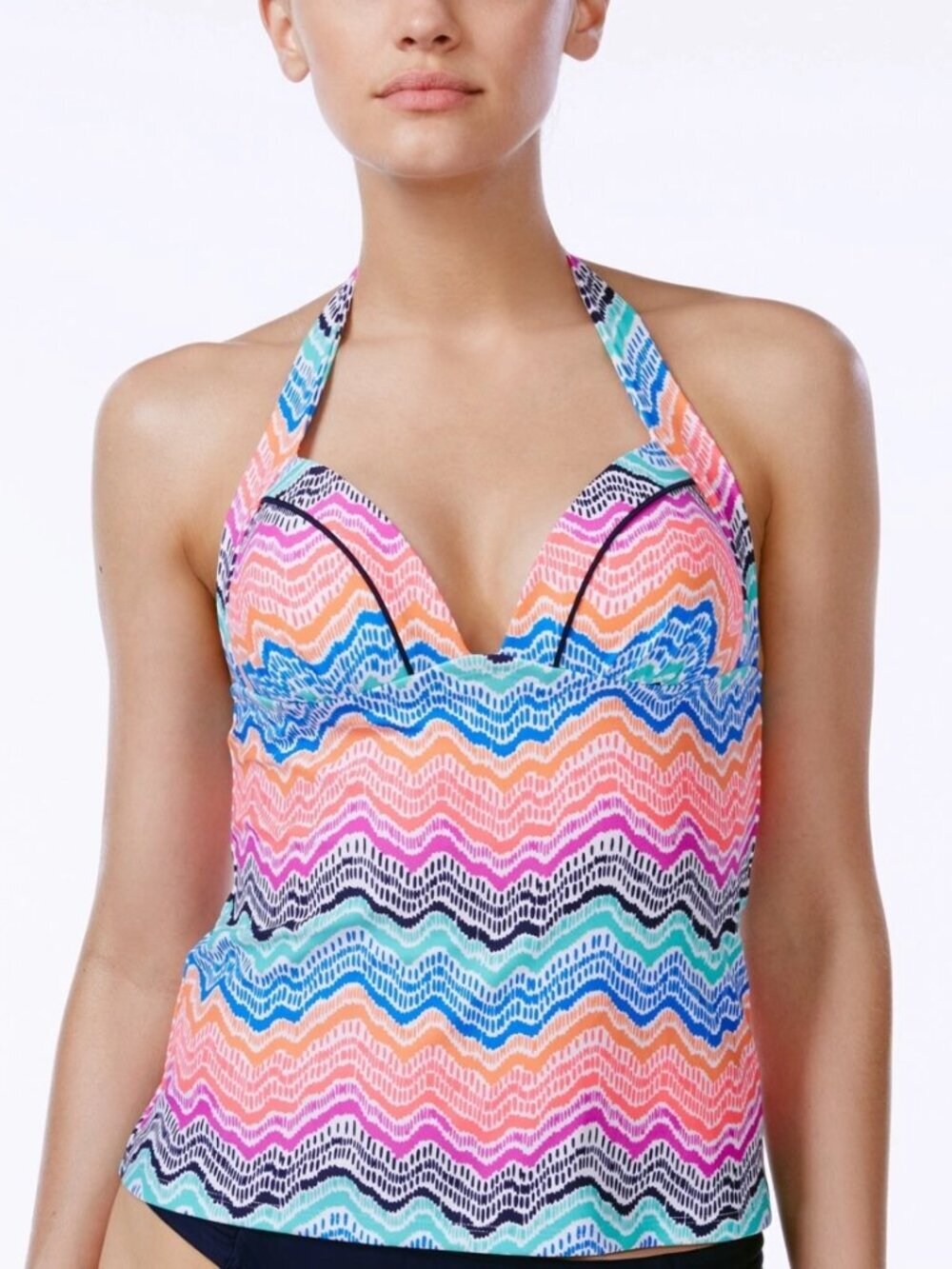 Island Escape Womens La Cinque Terre Glam Print Halter Tankini Top Multi 10 NWT